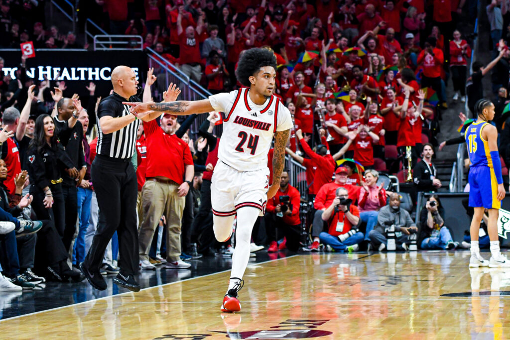 Chucky Hepburn following his fifth three in a row for Louisville basketball in the first half against Pittsburgh.