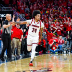 Chucky Hepburn following his fifth three in a row for Louisville basketball in the first half against Pittsburgh.