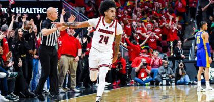 Chucky Hepburn following his fifth three in a row for Louisville basketball in the first half against Pittsburgh.