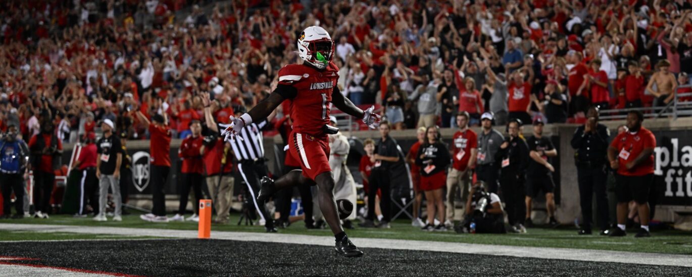 Louisville football running back Isaac Brown celebrates after scoring a 4th quarter touchdown against James Madison on September 5th, 2025.