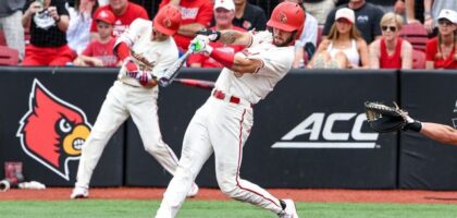 Lucas Moore swings at a pitch at Jim Patterson Stadium