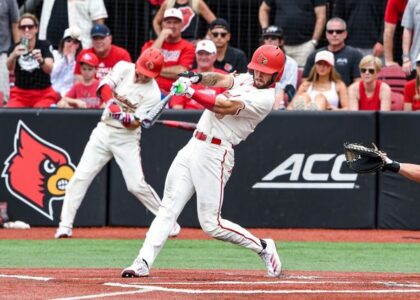 Lucas Moore swings at a pitch at Jim Patterson Stadium