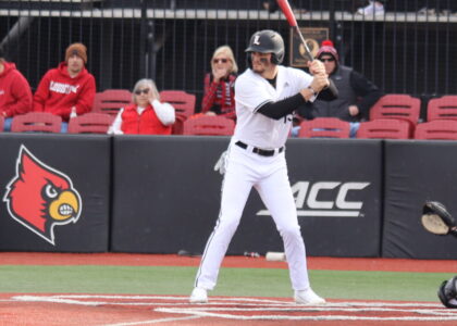 Tague Davis in the batter's box for the University of Louisville.