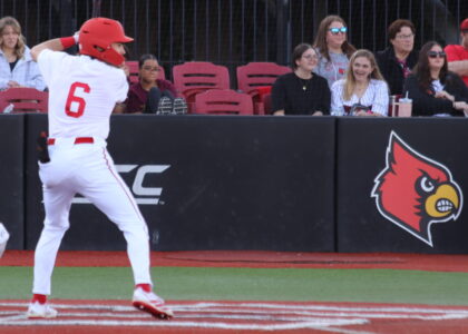 Griffin Crain at bat for the Louisville Cardinals Photo by Ryan Hammel