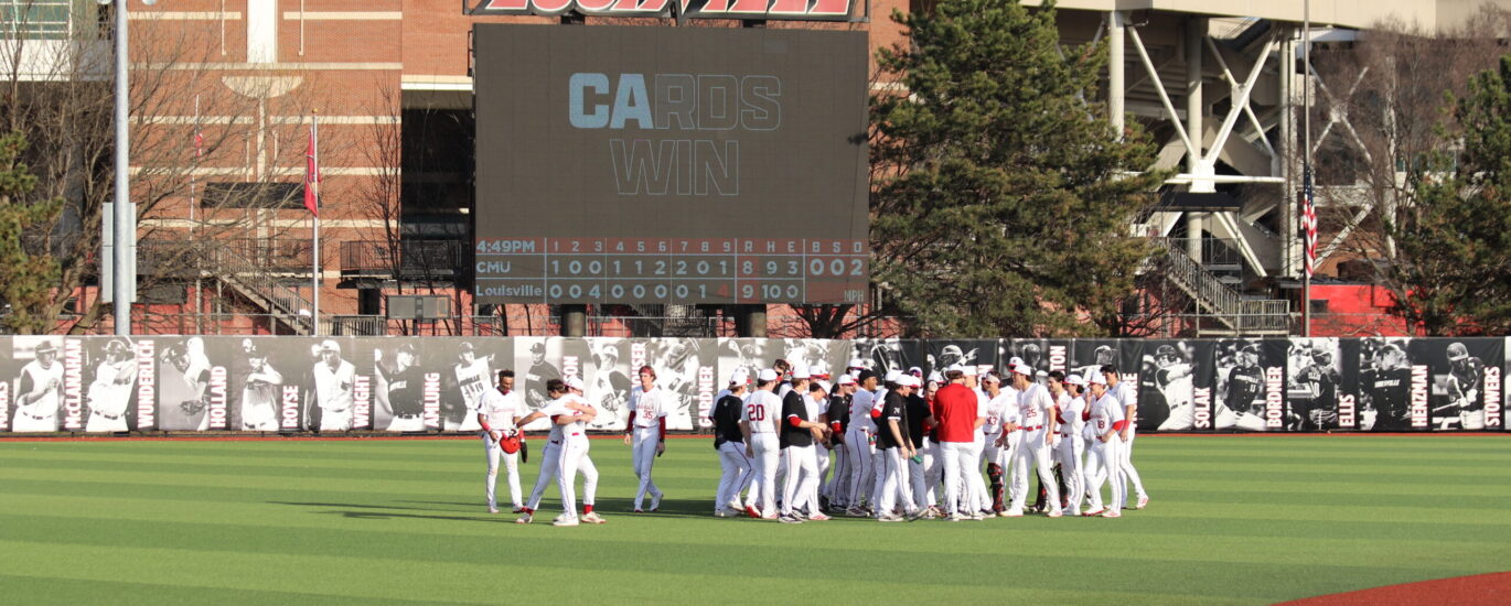 Louisville Celebrates a walk-off victory vs Central Michigan Feb. 28, 2026 Photo by Ryan Hammel