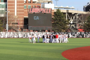 Louisville Celebrates a walk-off victory vs Central Michigan Feb. 28, 2026 Photo by Ryan Hammel