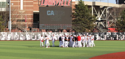 Louisville Celebrates a walk-off victory vs Central Michigan Feb. 28, 2026 Photo by Ryan Hammel