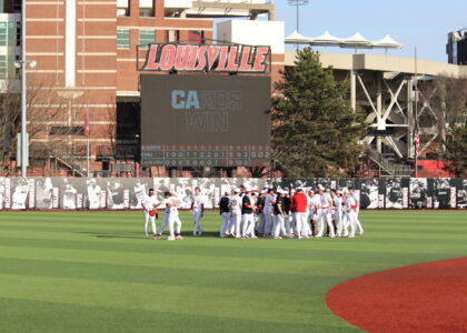 Louisville Celebrates a walk-off victory vs Central Michigan Feb. 28, 2026 Photo by Ryan Hammel