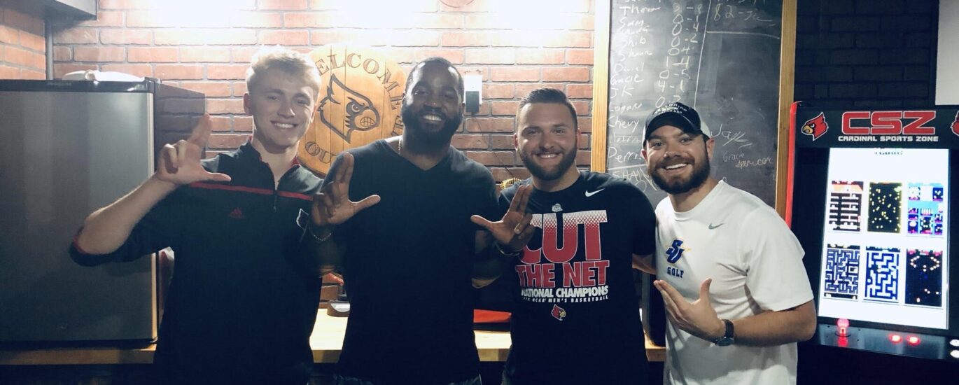 (L to R) Ethan Sprowles, Louisville LB Keith Brown, Jacob Lane, Presley Meyer | August 2019, Louisville, KY