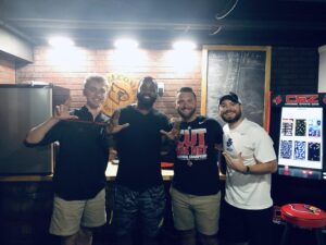 (L to R) Ethan Sprowles, Louisville LB Keith Brown, Jacob Lane, Presley Meyer | August 2019, Louisville, KY