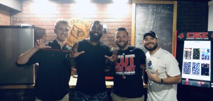 (L to R) Ethan Sprowles, Louisville LB Keith Brown, Jacob Lane, Presley Meyer | August 2019, Louisville, KY