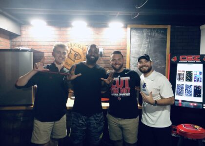 (L to R) Ethan Sprowles, Louisville LB Keith Brown, Jacob Lane, Presley Meyer | August 2019, Louisville, KY
